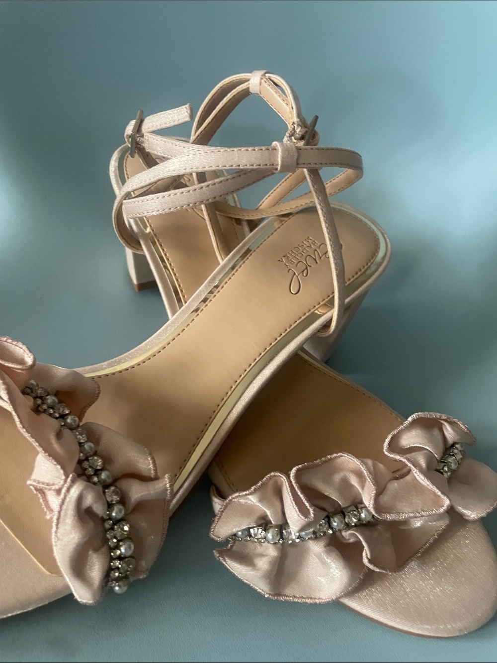 Jewel Badgley Mischka Blush Pink Satin Ruffle Heels with Crystal Accents